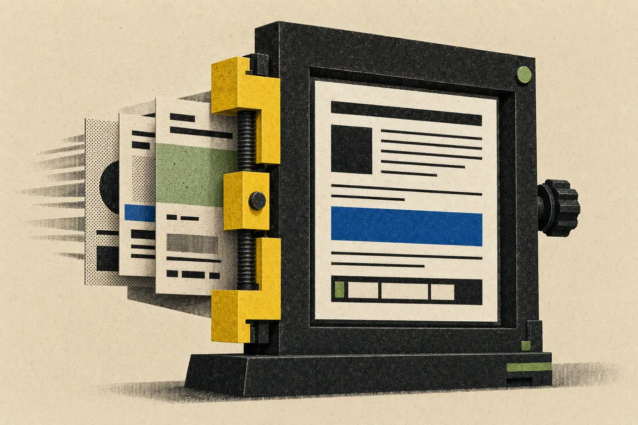 A mechanical clamp steadies loose web page layers into a single aligned reading frame.
